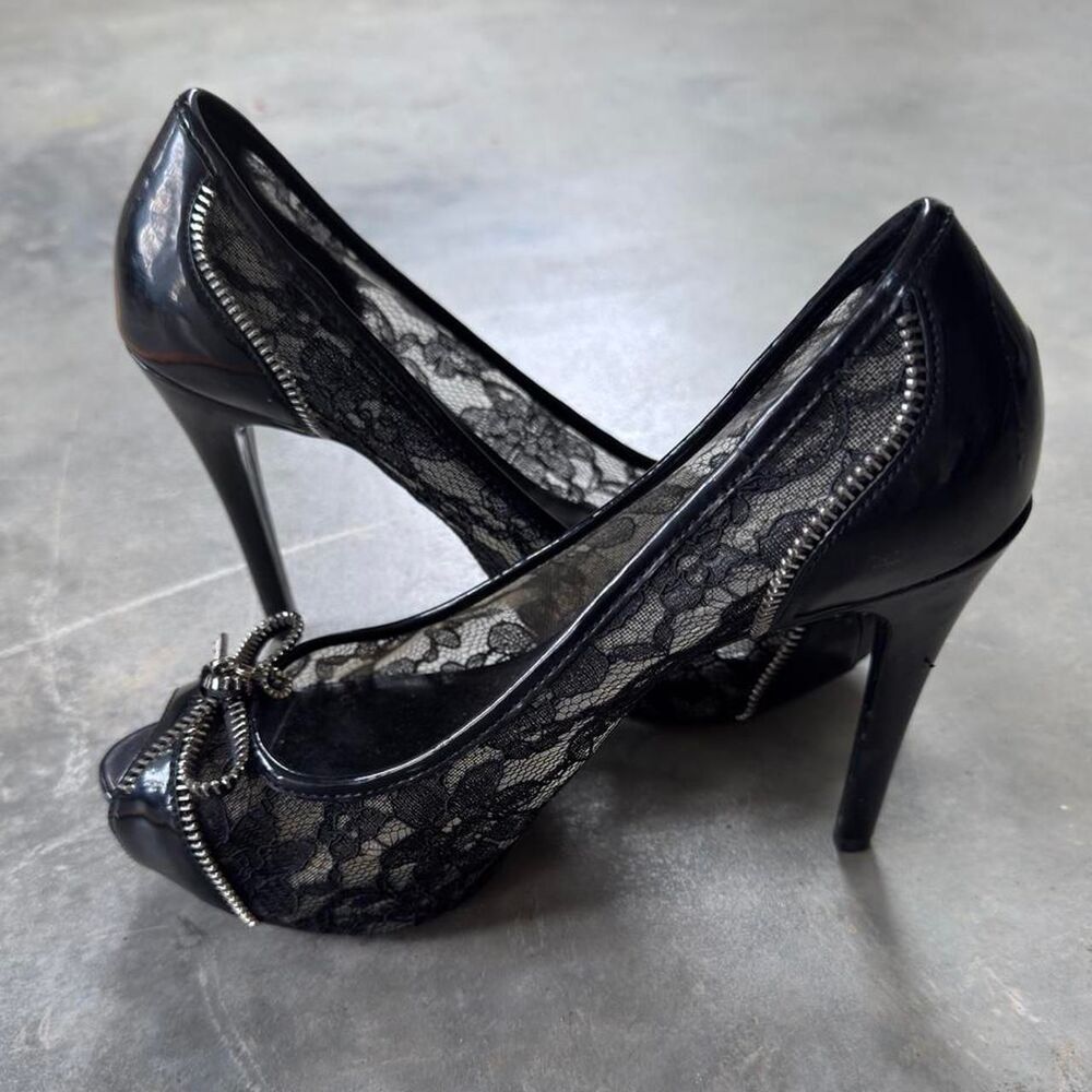 Guess black lace peep toe platform heels silver bow detail 7.5 - Picture 6 of 6